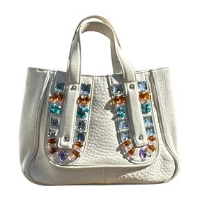 Y2K Cole Haan Sydney Turquoise Rhinestone Jewel Tone Leather Handbag Bling VTG